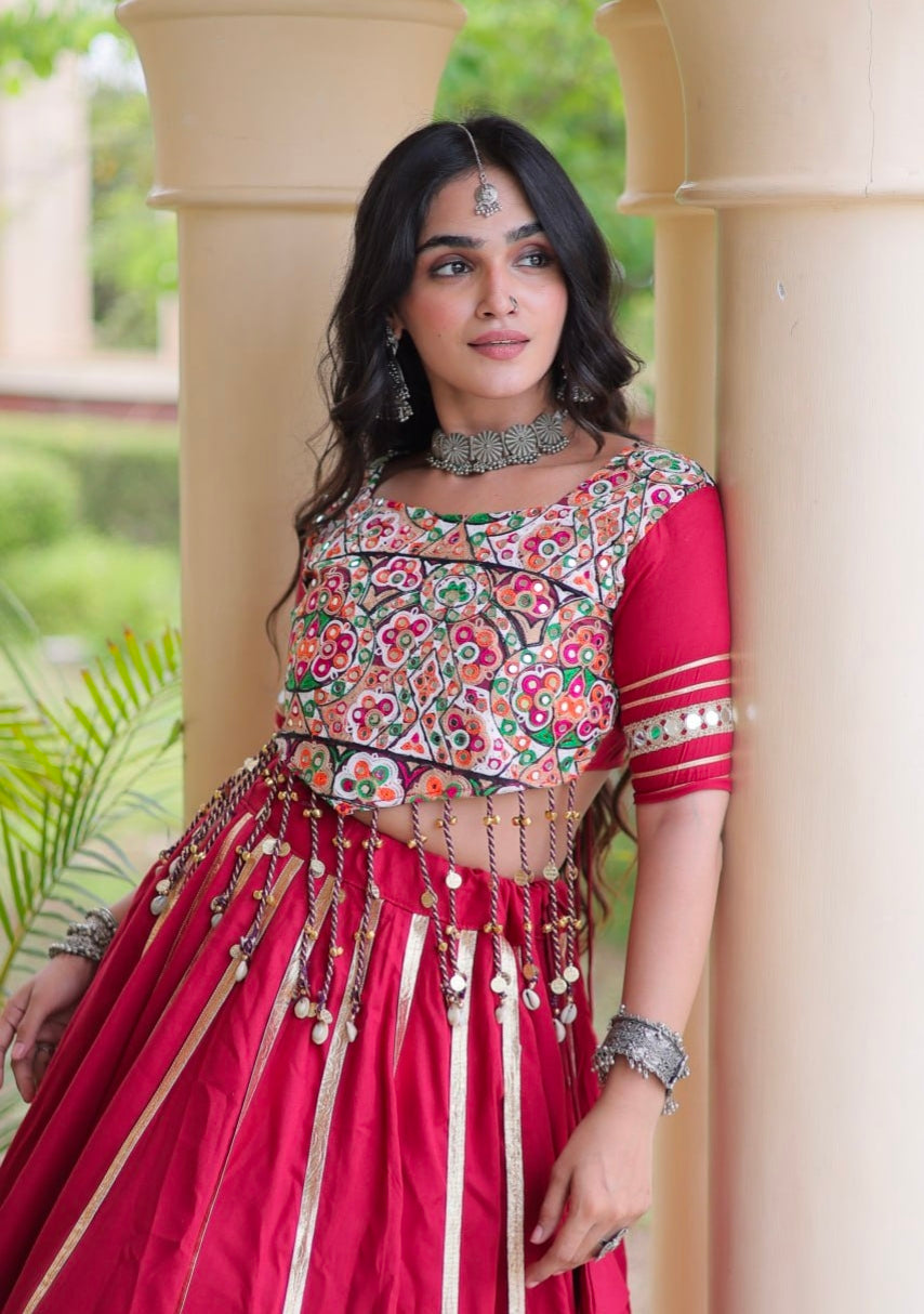 Red Pure Kora Cotton Multi Thread Gotta Patti Mirror Work Navratri Lehenga Choli