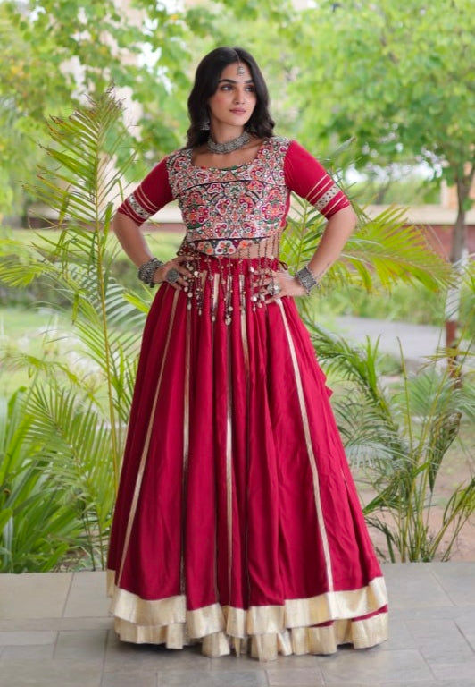 Red Pure Kora Cotton Multi Thread Gotta Patti Mirror Work Navratri Lehenga Choli