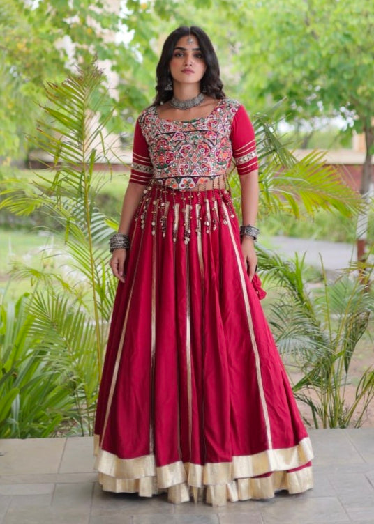 Red Pure Kora Cotton Multi Thread Gotta Patti Mirror Work Navratri Lehenga Choli