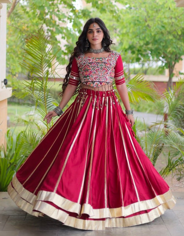 Red Pure Kora Cotton Multi Thread Gotta Patti Mirror Work Navratri Lehenga Choli