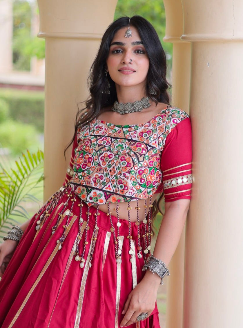 Red Pure Kora Cotton Multi Thread Gotta Patti Mirror Work Navratri Lehenga Choli