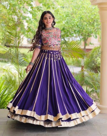 Purple Pure Kora Cotton Multi Thread Gotta Patti Mirror Work Navratri Lehenga Choli