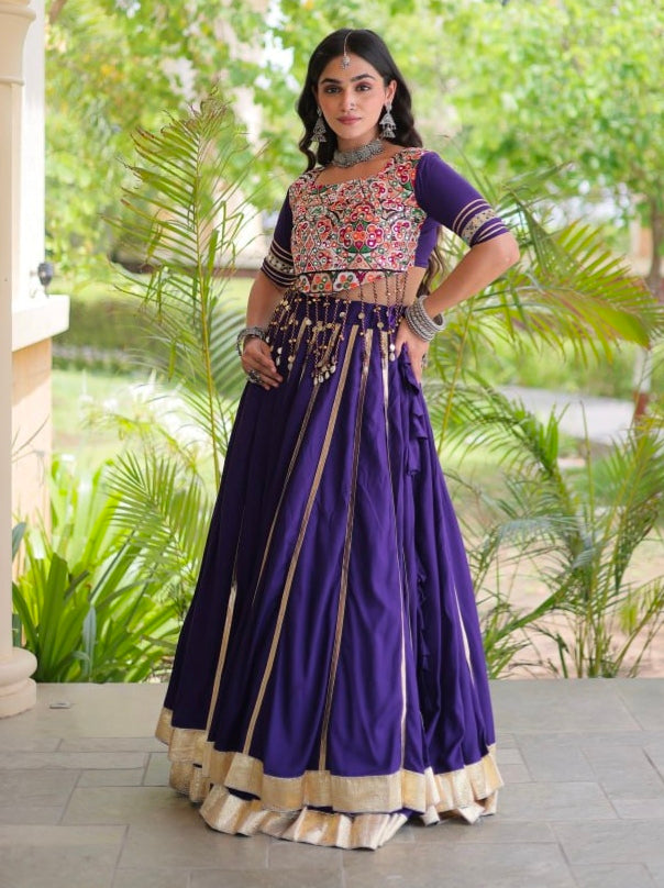 Purple Pure Kora Cotton Multi Thread Gotta Patti Mirror Work Navratri Lehenga Choli