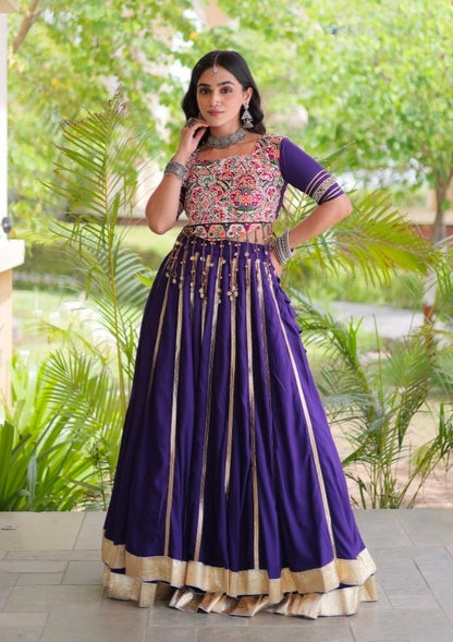 Purple Pure Kora Cotton Multi Thread Gotta Patti Mirror Work Navratri Lehenga Choli
