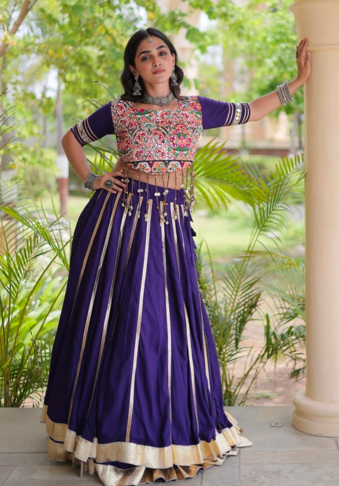 Purple Pure Kora Cotton Multi Thread Gotta Patti Mirror Work Navratri Lehenga Choli