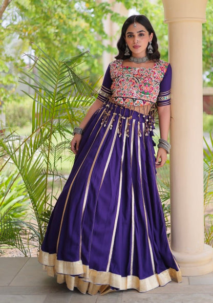 Purple Pure Kora Cotton Multi Thread Gotta Patti Mirror Work Navratri Lehenga Choli