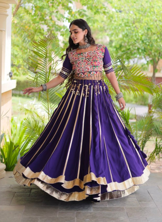 Purple Pure Kora Cotton Multi Thread Gotta Patti Mirror Work Navratri Lehenga Choli