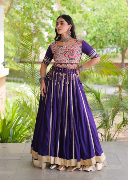Purple Pure Kora Cotton Multi Thread Gotta Patti Mirror Work Navratri Lehenga Choli