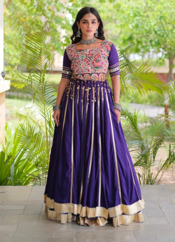 Purple Pure Kora Cotton Multi Thread Gotta Patti Mirror Work Navratri Lehenga Choli