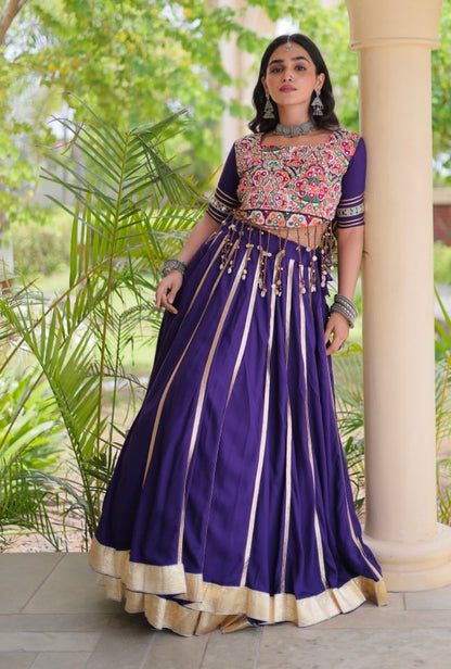 Purple Pure Kora Cotton Multi Thread Gotta Patti Mirror Work Navratri Lehenga Choli