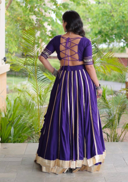 Purple Pure Kora Cotton Multi Thread Gotta Patti Mirror Work Navratri Lehenga Choli