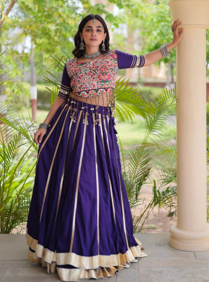 Purple Pure Kora Cotton Multi Thread Gotta Patti Mirror Work Navratri Lehenga Choli