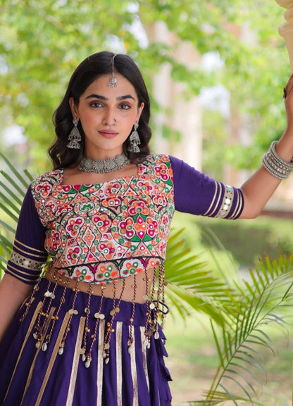Purple Pure Kora Cotton Multi Thread Gotta Patti Mirror Work Navratri Lehenga Choli
