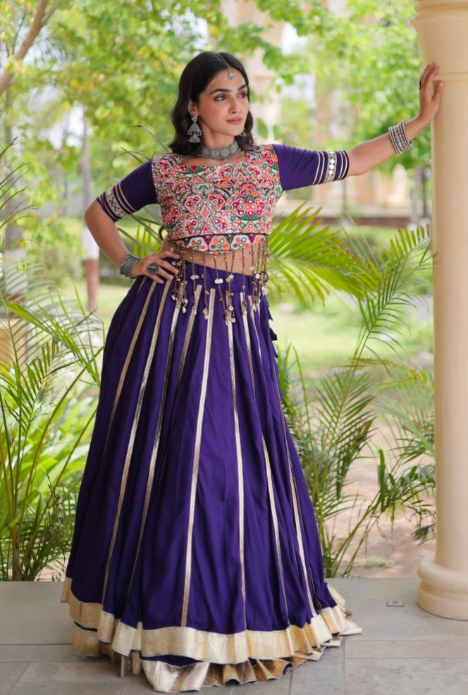 Purple Pure Kora Cotton Multi Thread Gotta Patti Mirror Work Navratri Lehenga Choli
