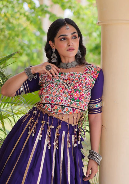Purple Pure Kora Cotton Multi Thread Gotta Patti Mirror Work Navratri Lehenga Choli