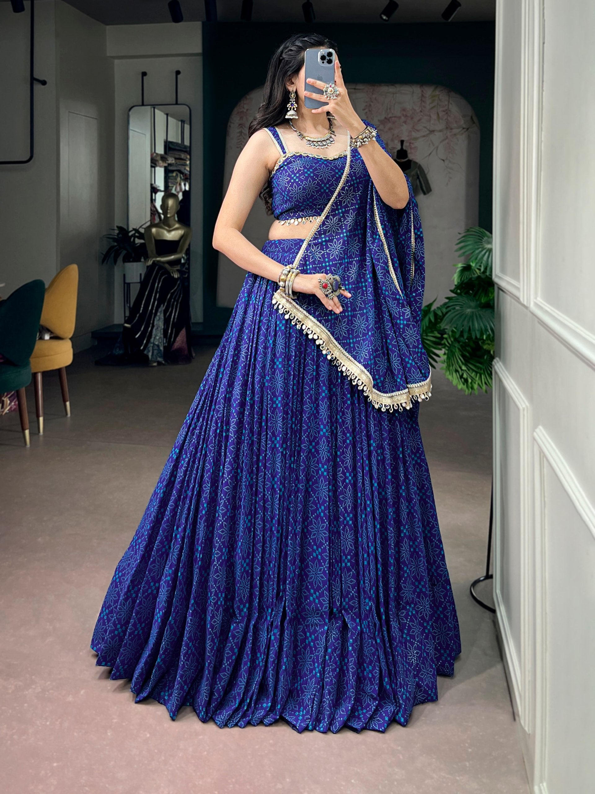 Blue Pure Kora Cotton Multi Thread Gotta Patti Mirror Work Navratri Lehenga Choli