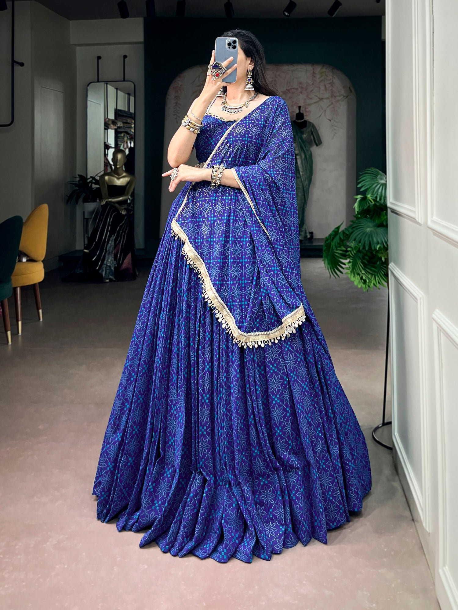 Blue Pure Kora Cotton Multi Thread Gotta Patti Mirror Work Navratri Lehenga Choli