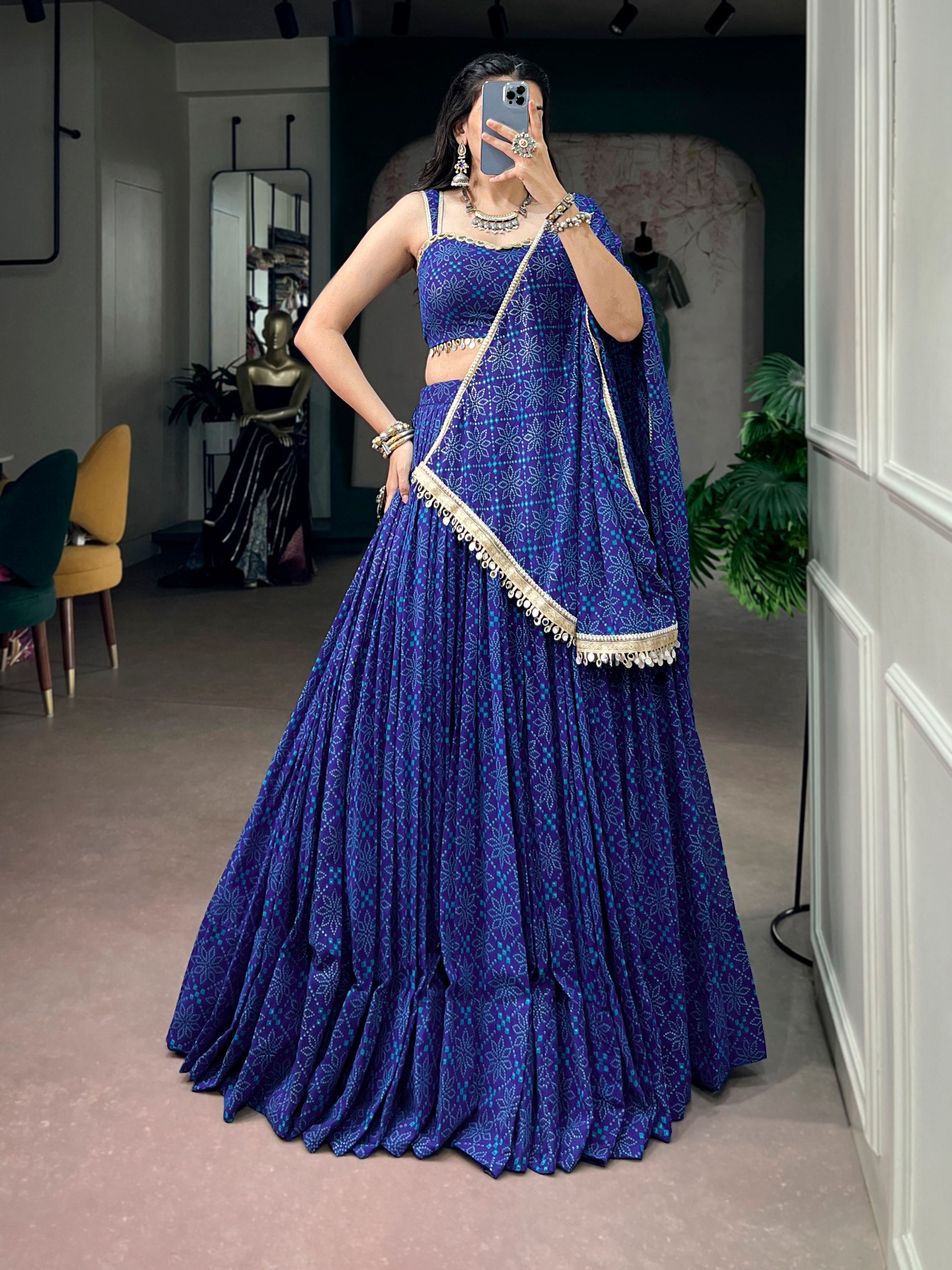 Blue Pure Kora Cotton Multi Thread Gotta Patti Mirror Work Navratri Lehenga Choli