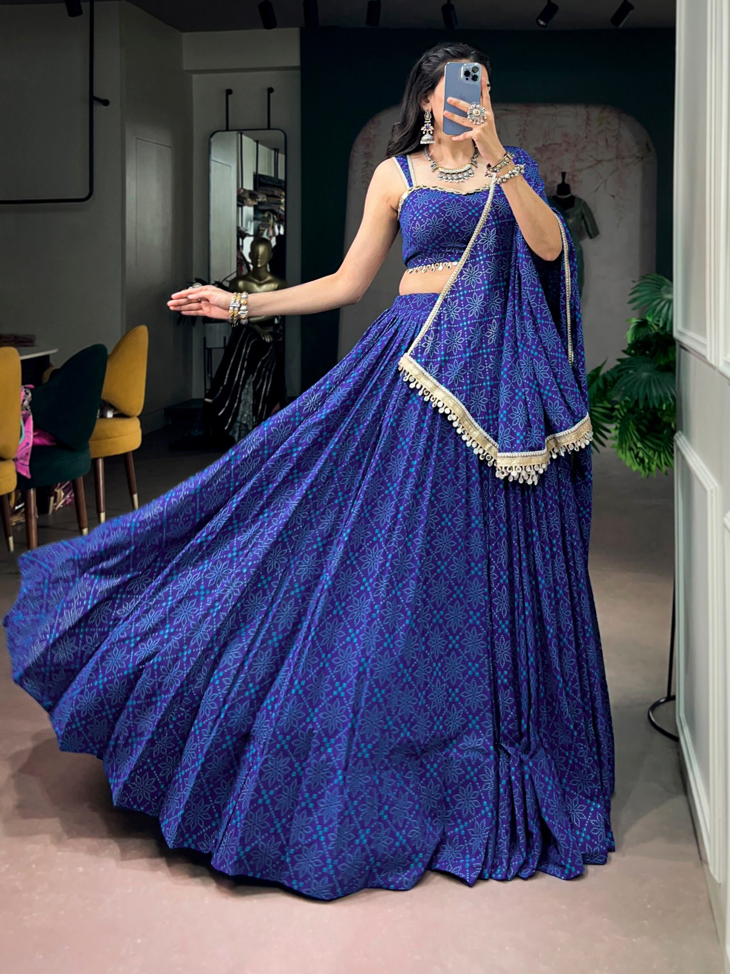Blue Pure Kora Cotton Multi Thread Gotta Patti Mirror Work Navratri Lehenga Choli