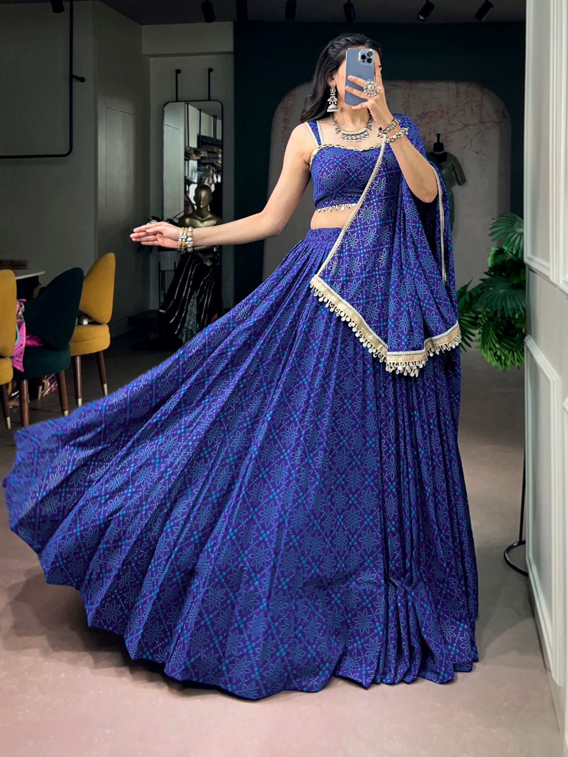 Blue Pure Kora Cotton Multi Thread Gotta Patti Mirror Work Navratri Lehenga Choli