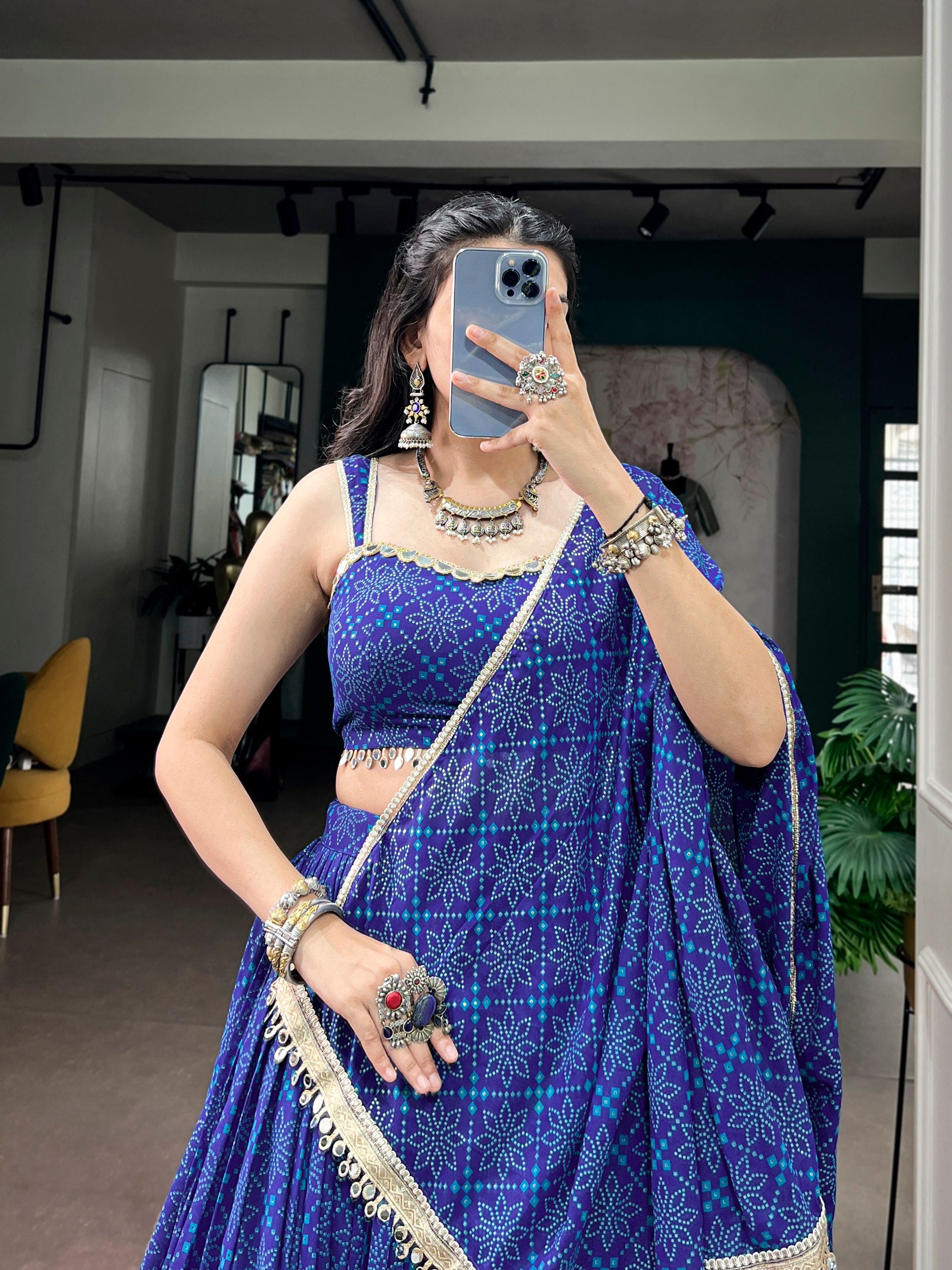 Blue Pure Kora Cotton Multi Thread Gotta Patti Mirror Work Navratri Lehenga Choli