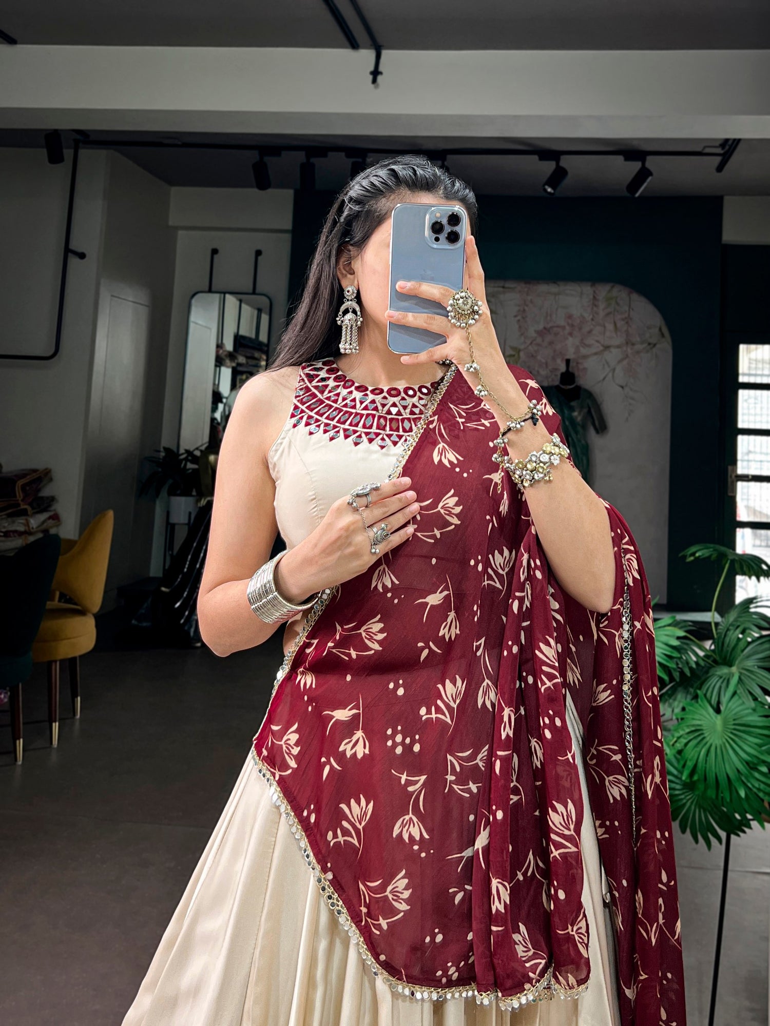 Cream Pure Monga Silk Real Mirror Work Navratri Lehenga Choli