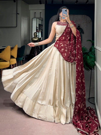 Cream Pure Monga Silk Real Mirror Work Navratri Lehenga Choli