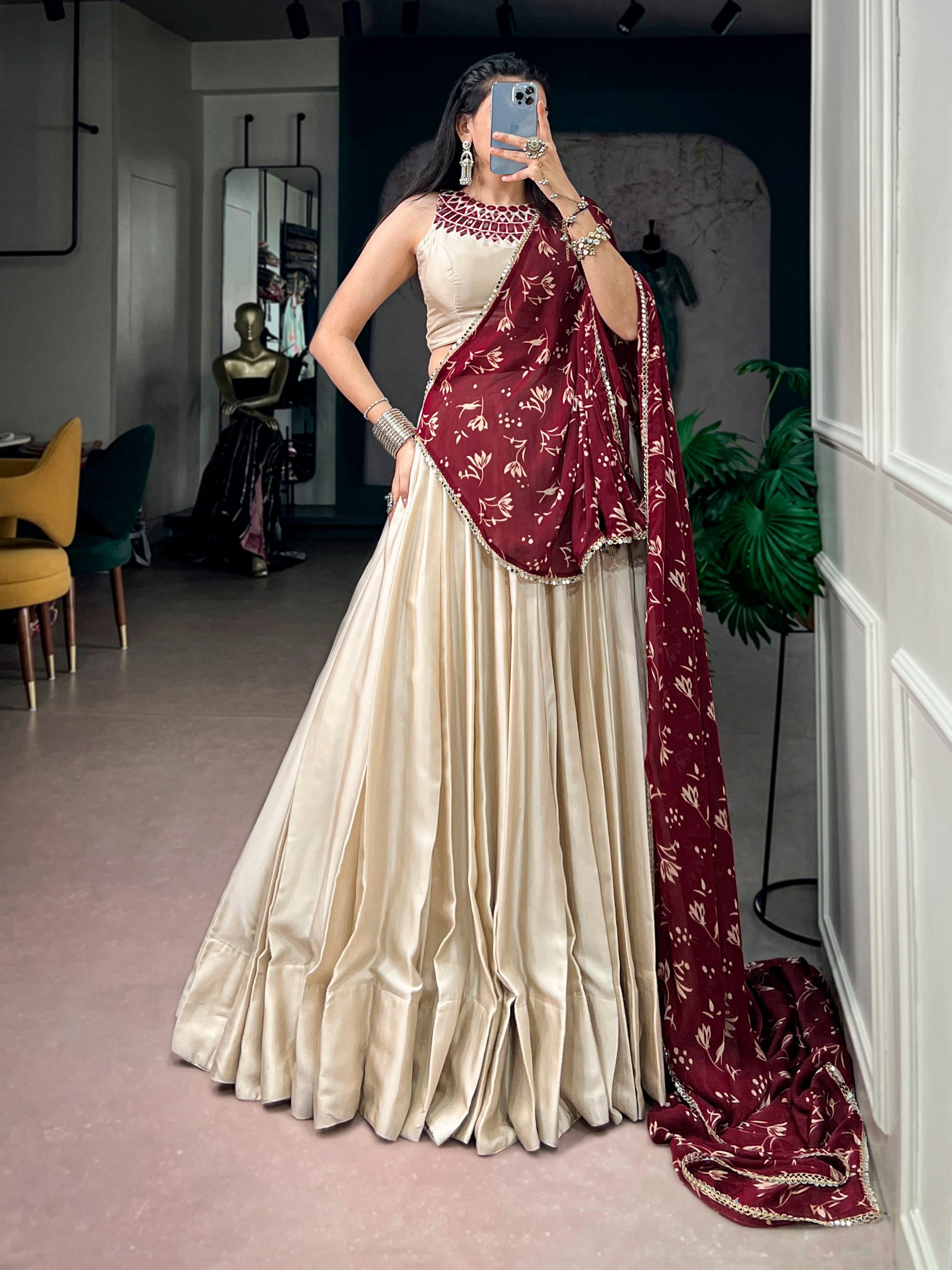 Cream Pure Monga Silk Real Mirror Work Navratri Lehenga Choli