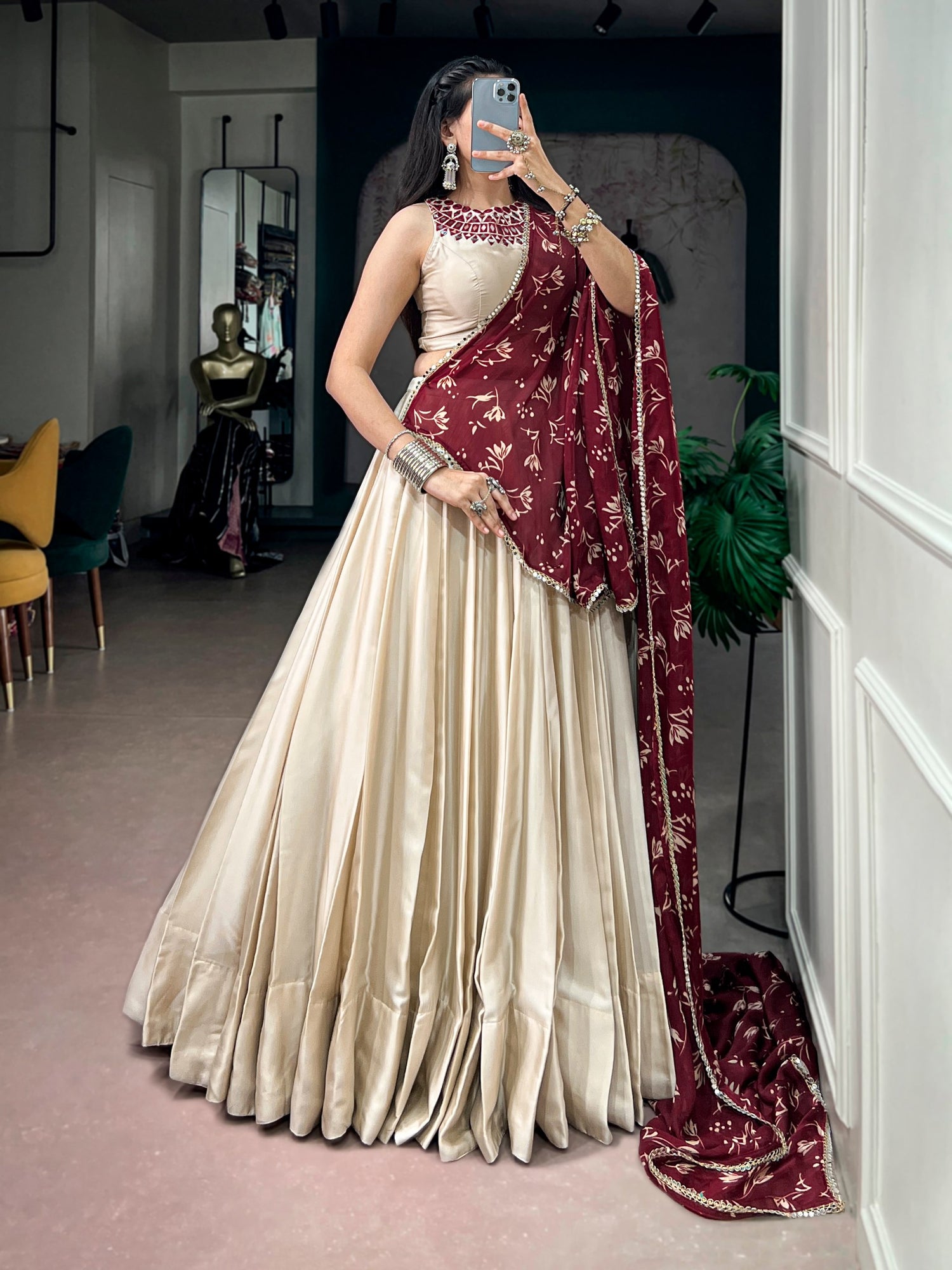 Cream Pure Monga Silk Real Mirror Work Navratri Lehenga Choli