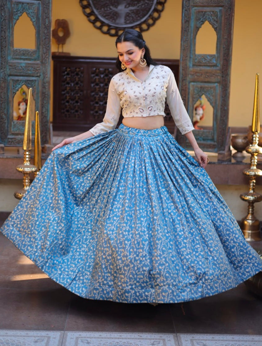 Blue Pure Cosmos Weaving jacquard Work Navratri Lehenga Choli