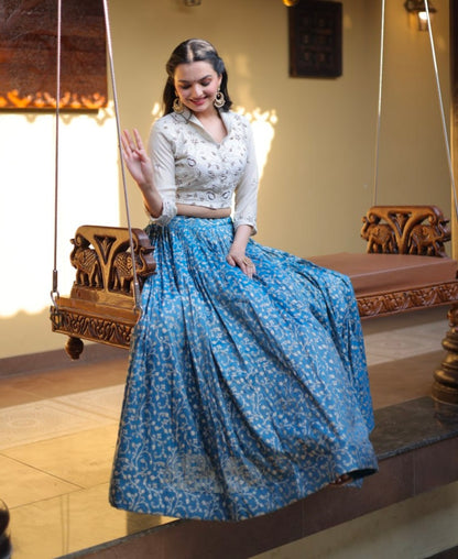 Blue Pure Cosmos Weaving jacquard Work Navratri Lehenga Choli