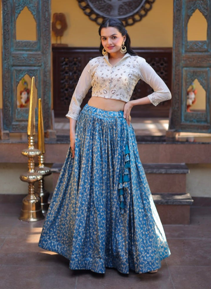Blue Pure Cosmos Weaving jacquard Work Navratri Lehenga Choli