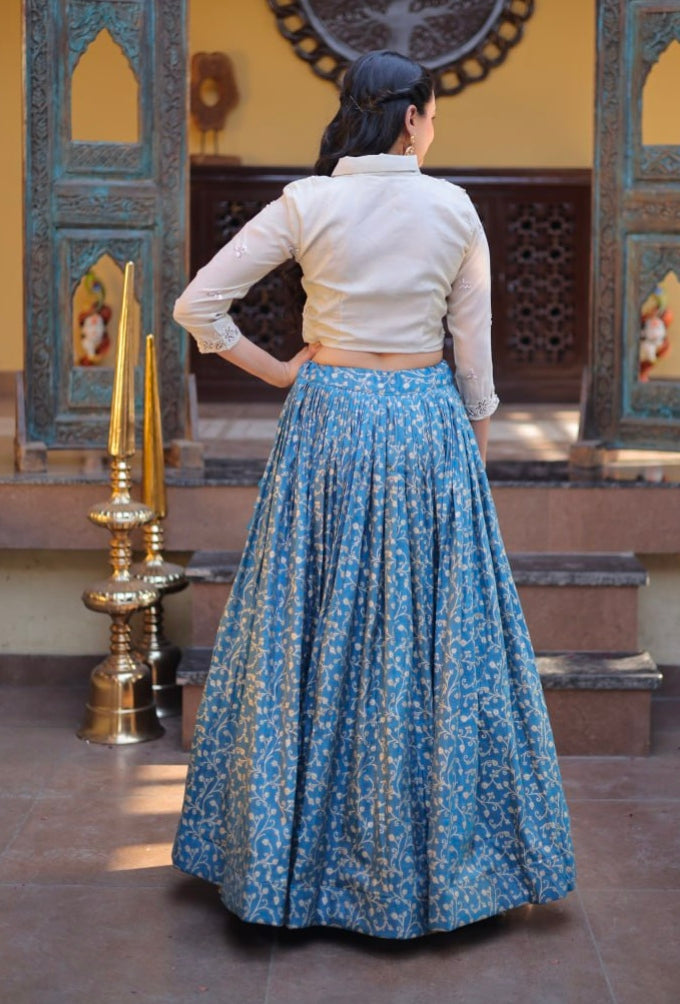 Blue Pure Cosmos Weaving jacquard Work Navratri Lehenga Choli