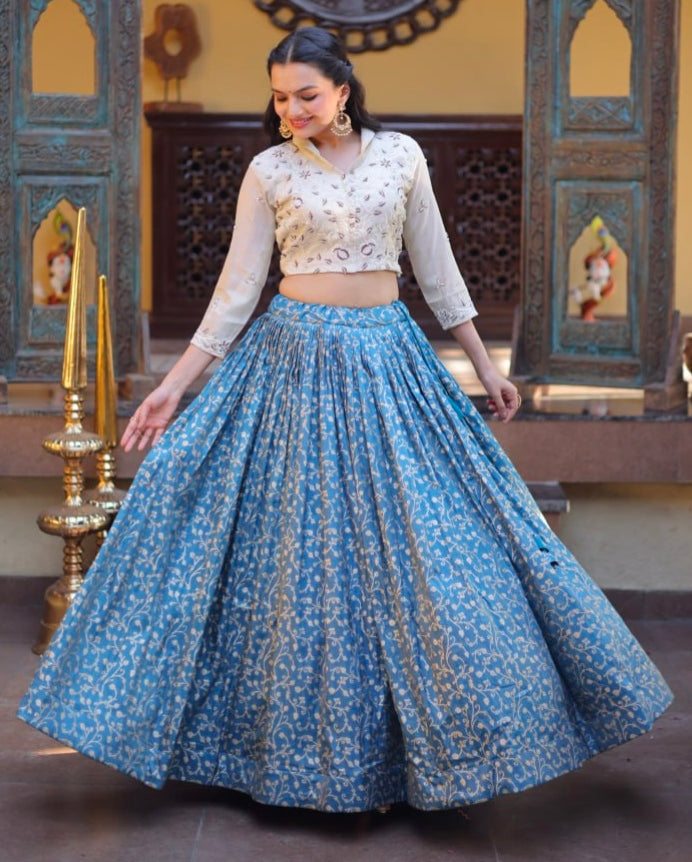 Blue Pure Cosmos Weaving jacquard Work Navratri Lehenga Choli