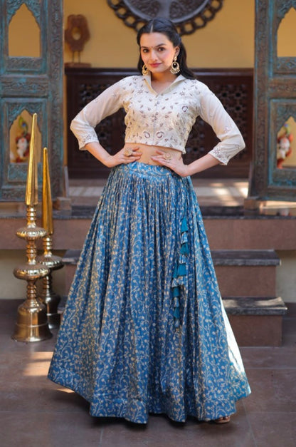 Blue Pure Cosmos Weaving jacquard Work Navratri Lehenga Choli
