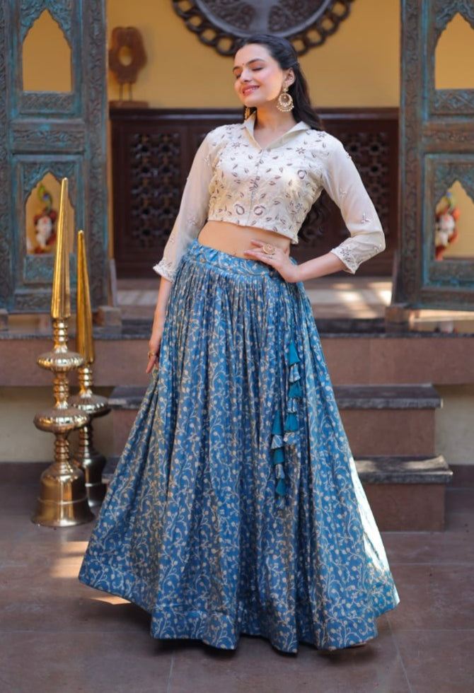 Blue Pure Cosmos Weaving jacquard Work Navratri Lehenga Choli