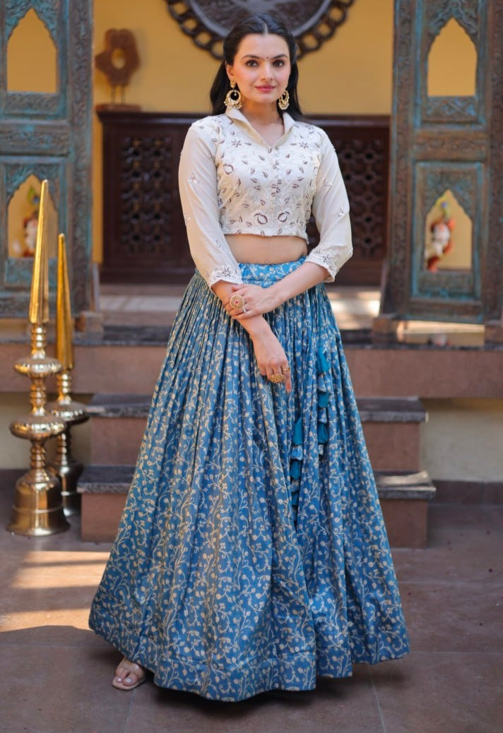 Blue Pure Cosmos Weaving jacquard Work Navratri Lehenga Choli