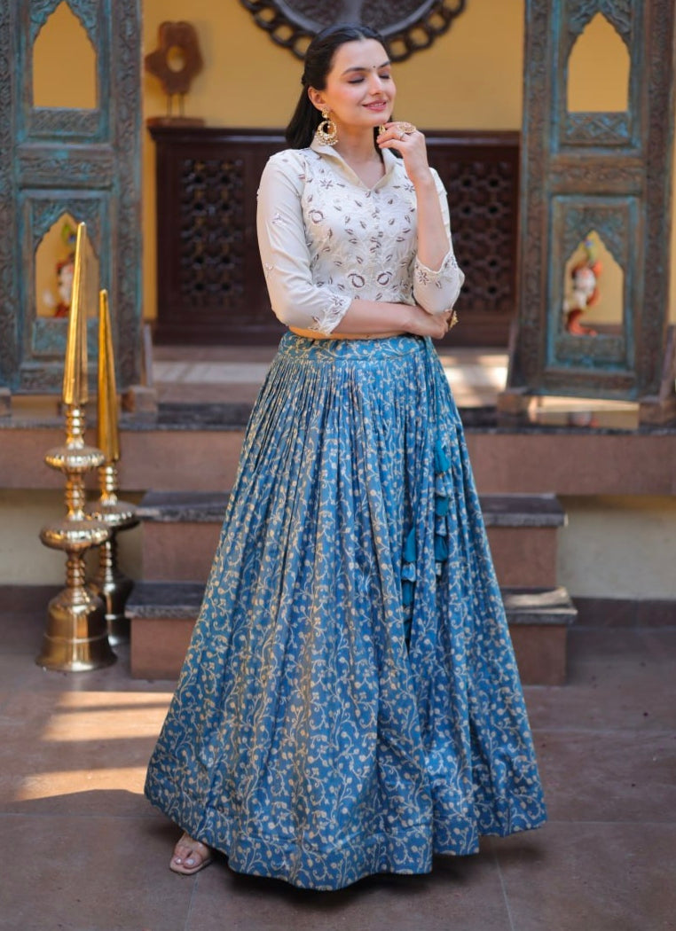 Blue Pure Cosmos Weaving jacquard Work Navratri Lehenga Choli