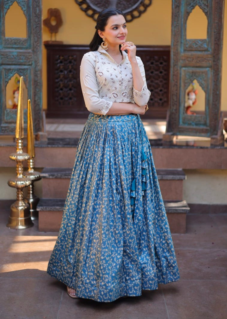 Blue Pure Cosmos Weaving jacquard Work Navratri Lehenga Choli