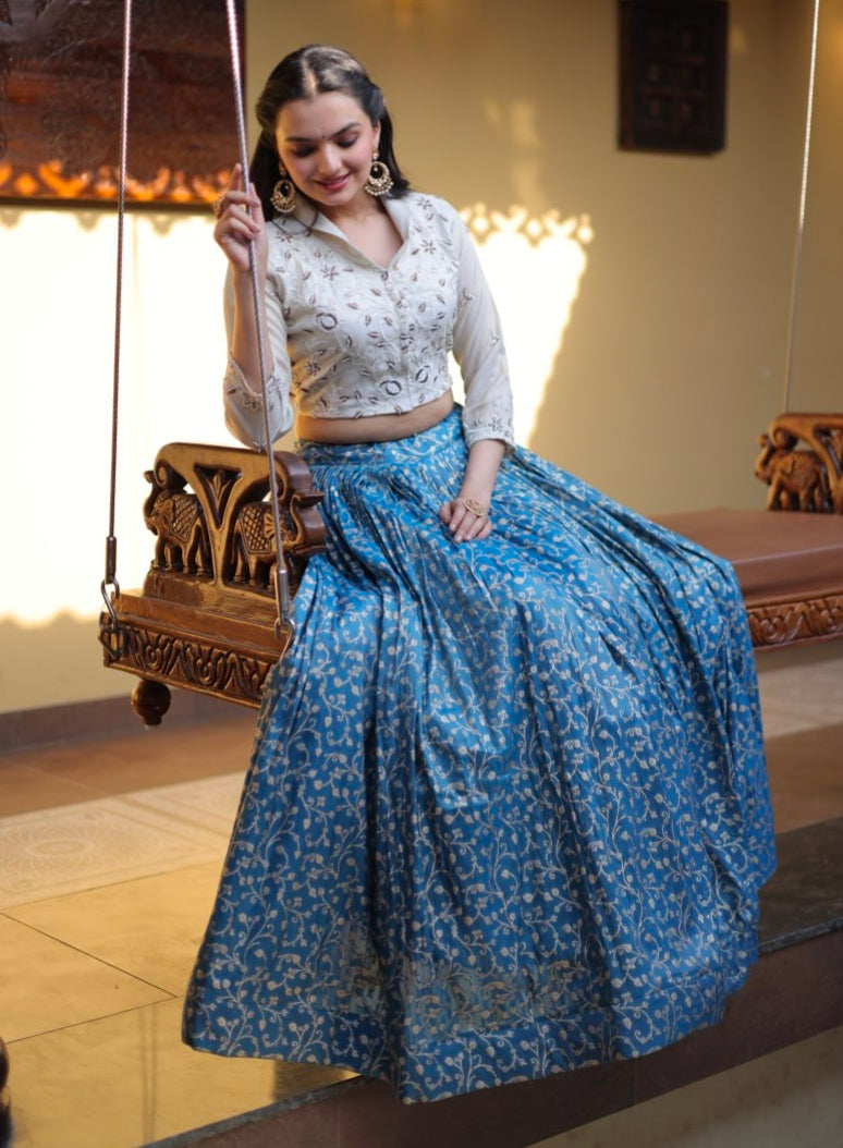 Blue Pure Cosmos Weaving jacquard Work Navratri Lehenga Choli