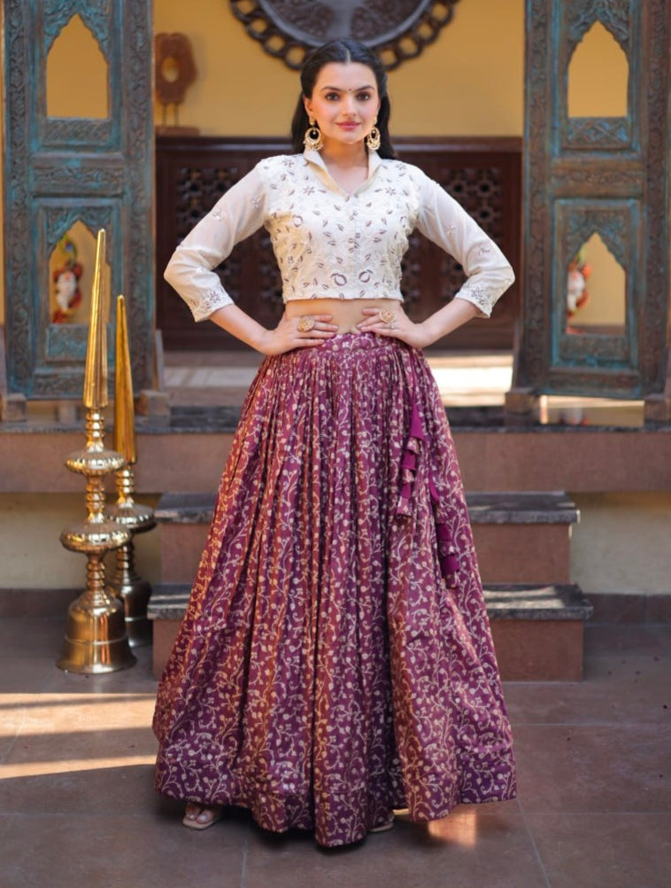 Wine Pure Cosmos Weaving jacquard Work Navratri Lehenga Choli