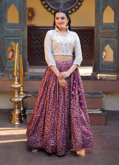 Wine Pure Cosmos Weaving jacquard Work Navratri Lehenga Choli