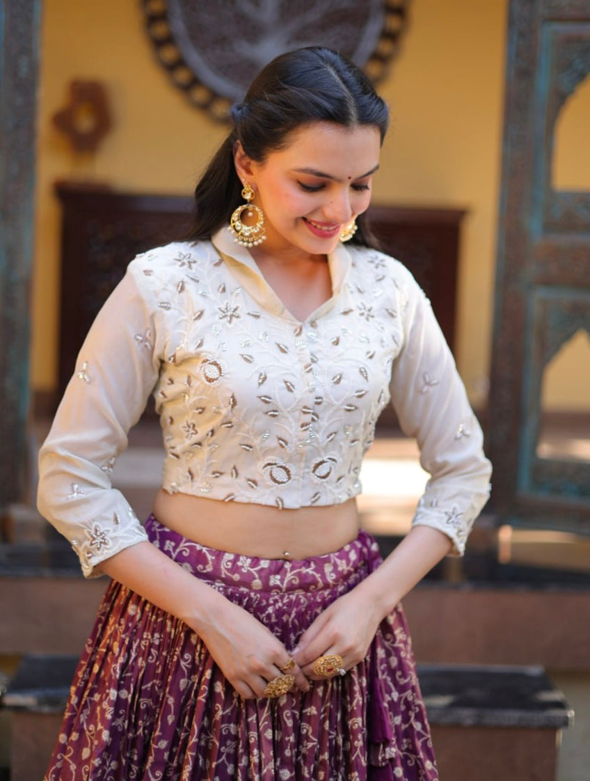 Wine Pure Cosmos Weaving jacquard Work Navratri Lehenga Choli