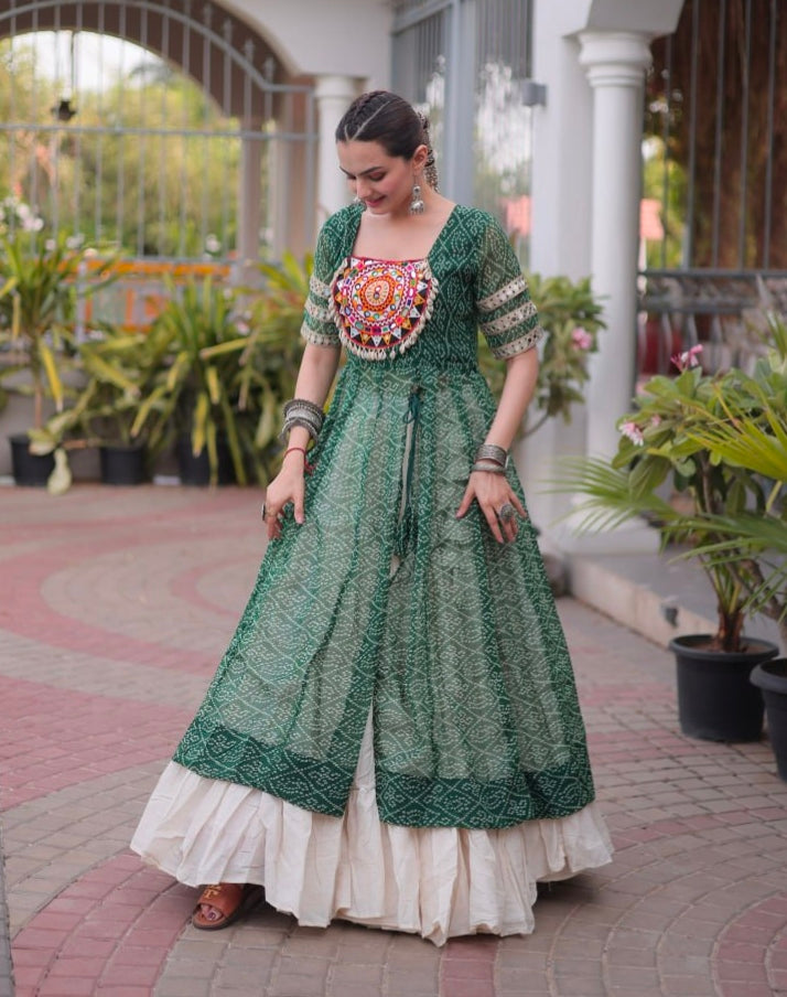 Green Pure Faux Georgette  Bandhani Print with kutchi Patchwork Navratri Lehenga Choli