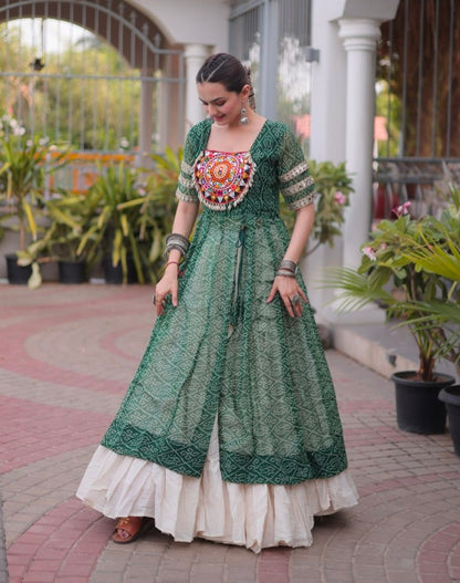 Green Pure Faux Georgette  Bandhani Print with kutchi Patchwork Navratri Lehenga Choli