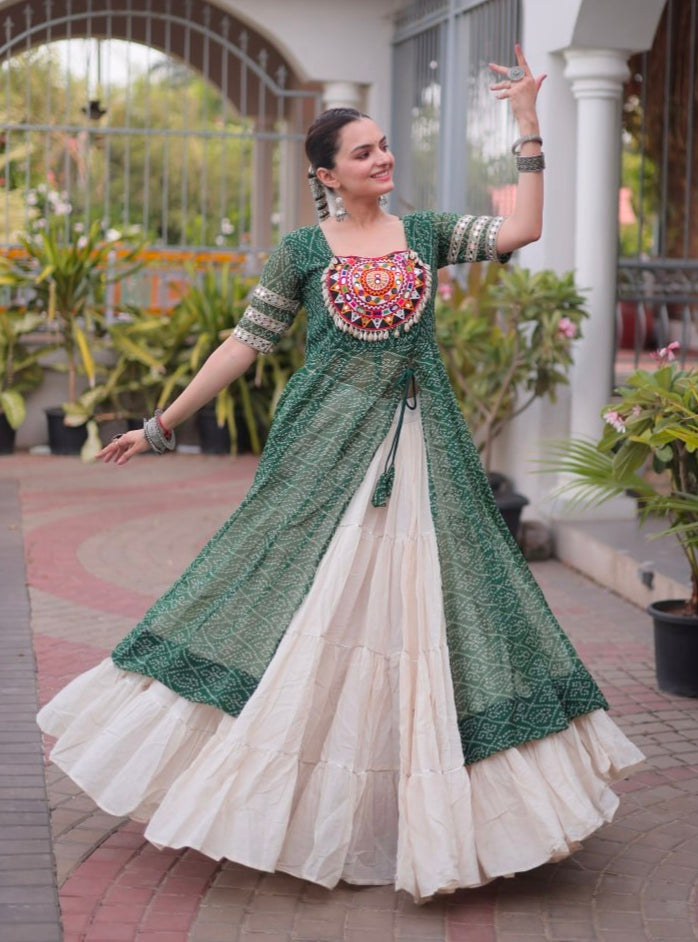 Green Pure Faux Georgette  Bandhani Print with kutchi Patchwork Navratri Lehenga Choli