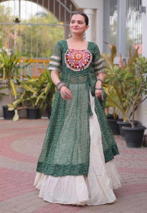 Green Pure Faux Georgette  Bandhani Print with kutchi Patchwork Navratri Lehenga Choli