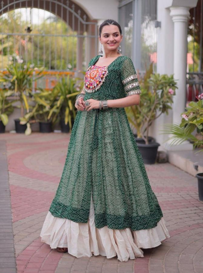 Green Pure Faux Georgette  Bandhani Print with kutchi Patchwork Navratri Lehenga Choli