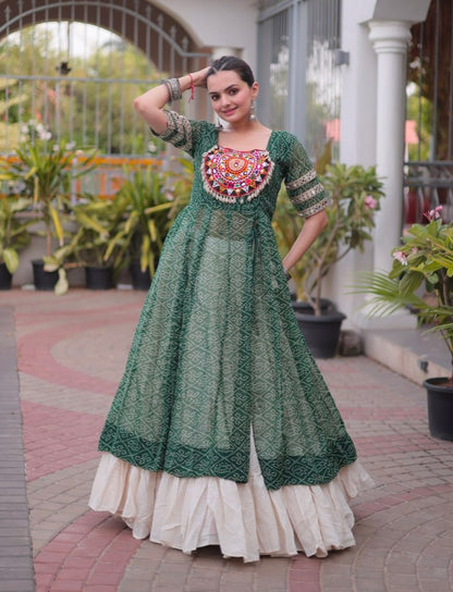 Green Pure Faux Georgette  Bandhani Print with kutchi Patchwork Navratri Lehenga Choli