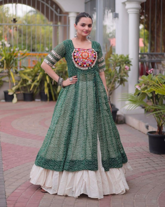 Green Pure Faux Georgette  Bandhani Print with kutchi Patchwork Navratri Lehenga Choli